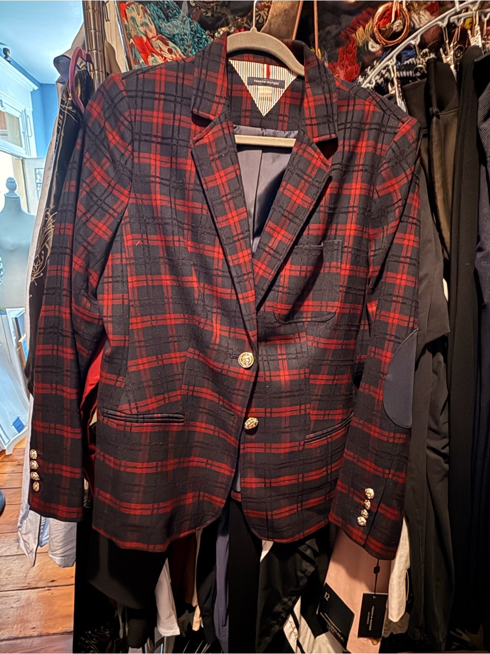 Tommy Hilfiger Red & Black Plaid Blazer with Gold Buttons